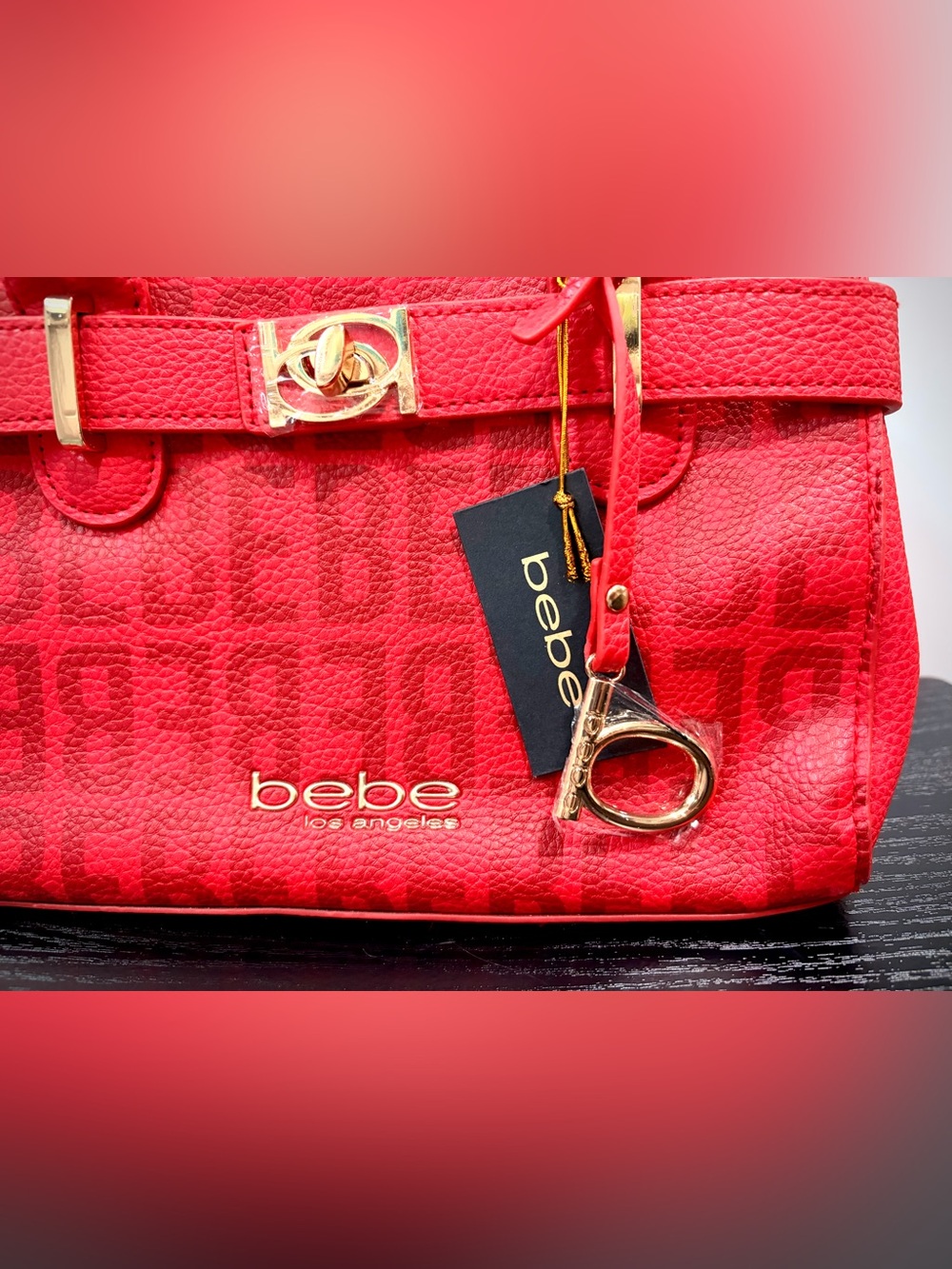 bebe Red Logo Jacquard Satchel with Gold Accents - Picture 2 of 7